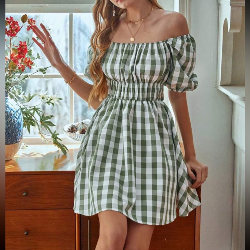 Green Plaid Print Puff Sleeve Dress